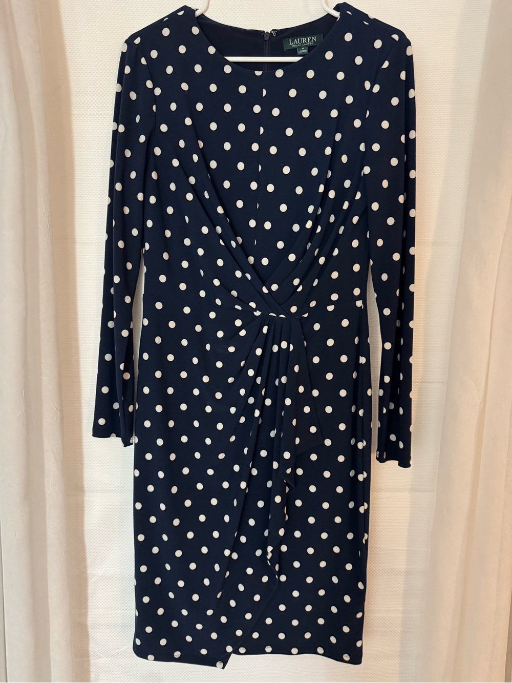 Ralph Lauren Navy and White Polka Dot Long Sleeve Twist Dress